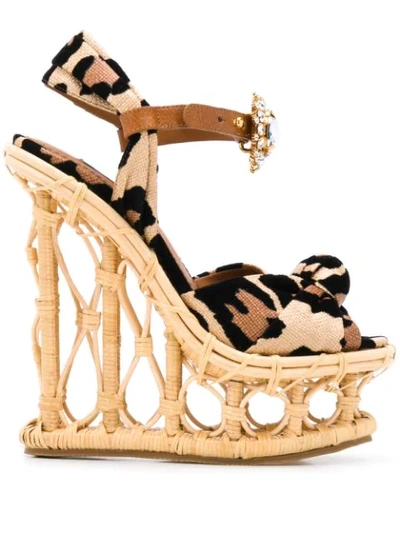 Dolce & Gabbana Wedges In Wicker And Raffia With Flocked Leopard Print And Bejeweled Buckle In Neutrals