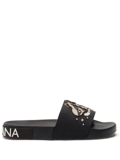 Dolce & Gabbana Rubber Beachwear Sliders With Stylist Patches In Black