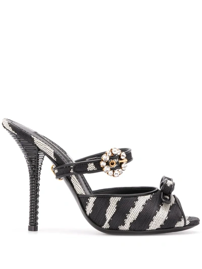 Dolce & Gabbana Mules In Raffia Jacquard With Zebra Print With Bejeweled Buckle In Black