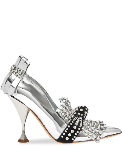 Burberry Crystal Kiltie Fringe Metallic Leather Point-toe Pumps In Silver