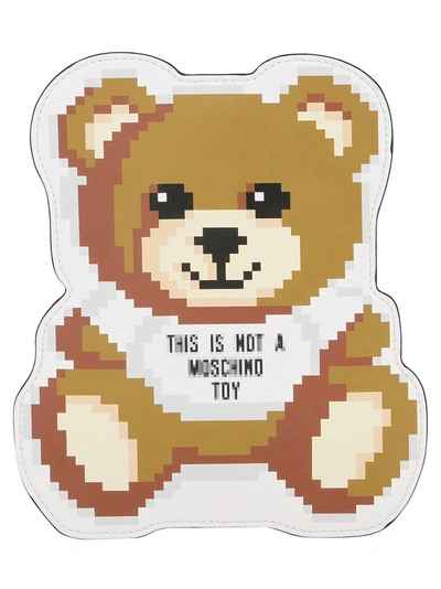 Moschino Pixel Teddy Bear Leather Clutch In Brown