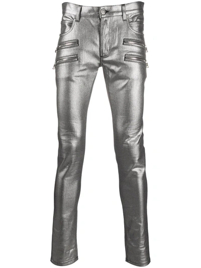 Balmain Zipped Detail Slim Jeans In Grey