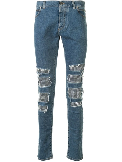 Balmain Studded Distressed Skinny Jeans In Blue
