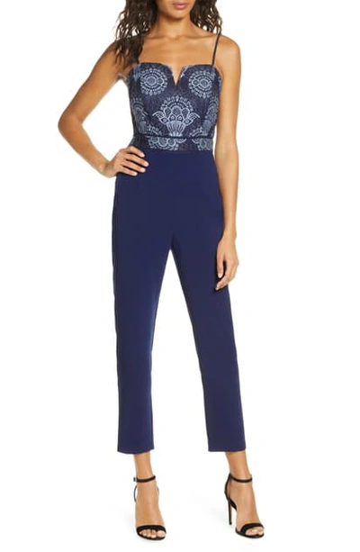 Adelyn Rae Aeris Lace Bodice Crepe Jumpsuit In Navy-blue