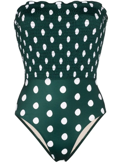 Peony Soiree Polka Dot Smocked One-piece Swimsuit In Green