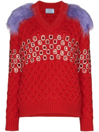 Prada Crystal Embellished Jumper In Red,purple