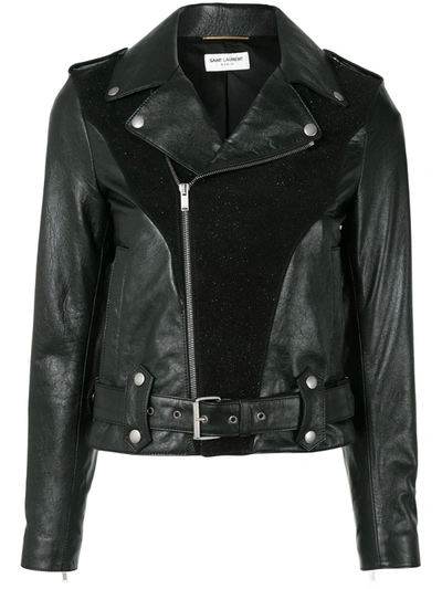 Saint Laurent Glitter Detailing Biker Jacket In Black