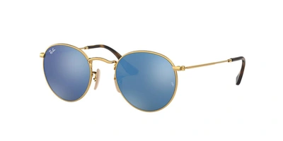 Ray Ban Round Flat Lenses Sunglasses Gold Frame Blue Lenses 50-21 In Light Blue Gradient Flash