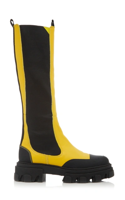 Ganni Leather Knee High Boots In Yellow