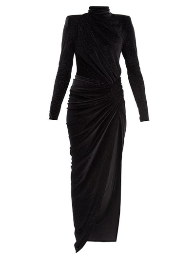 Alexandre Vauthier Gathered Metallic Stretch-velvet Maxi Dress In Black