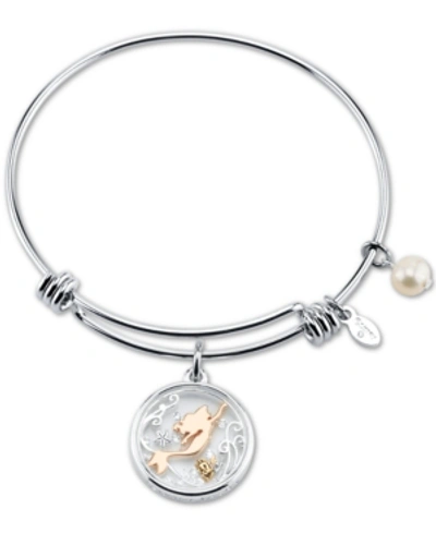 Disney 's Tri-tone Crystal Little Mermaid Glass Shaker Adjustable Bangle Bracelet In Stainless Steel For Un