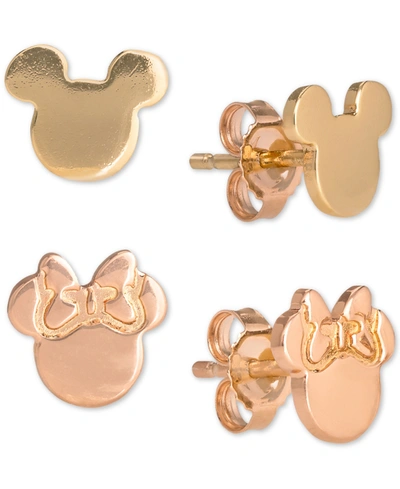 Disney Children's 2-pc. Set Mickey & Minnie Stud Earrings In 18k Gold- & 18k Rose Gold-plated Sterling Silv In Gold And Rose Gold Over Silver