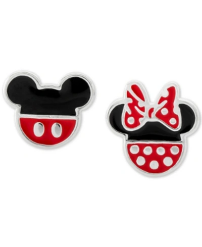 Disney Kids' Children's Minnie & Mickey Mouse Mismatched Stud Earrings In Sterling Silver