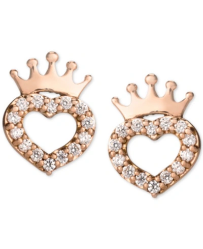 Disney Kids' Children's Cubic Zirconia Heart & Crown Stud Earrings In 14k Rose Gold