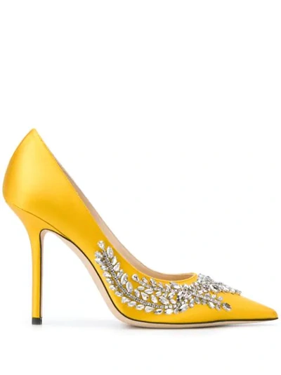 Jimmy Choo Satin Stiletto Pumps With Crystal Embellishment In Sun