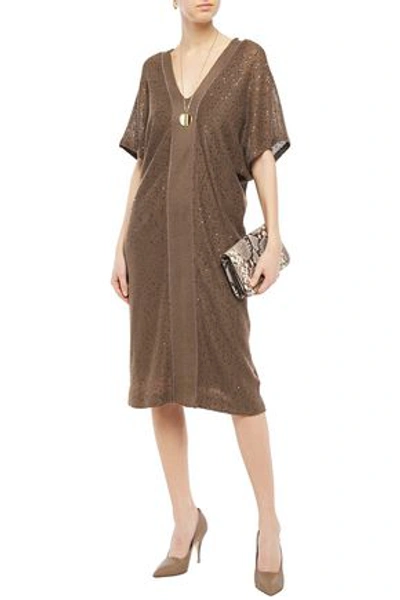 Brunello Cucinelli Sequin And Bead-embellished Linen And Silk-blend Dress In Taupe