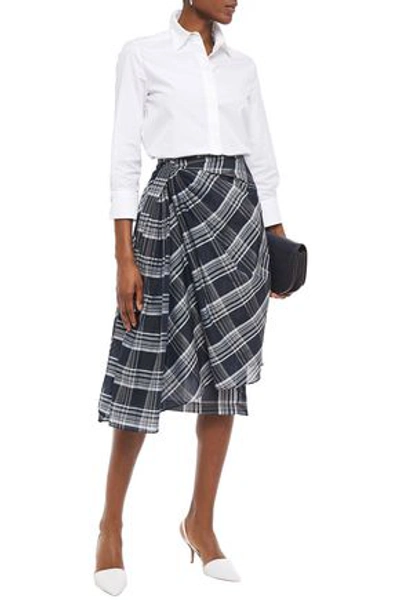 Brunello Cucinelli Draped Checked Cotton And Silk-blend Wrap Skirt In Navy