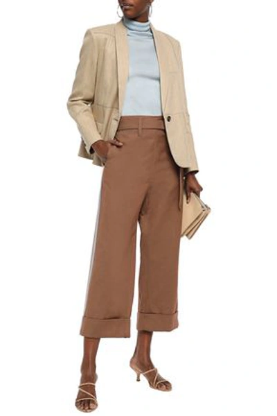 Brunello Cucinelli Cropped Striped Cotton And Linen-blend Twill Wide-leg Trousers In Brown