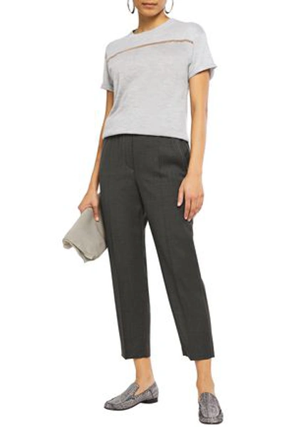 Brunello Cucinelli Bead-embellished Mélange Cashmere And Silk-blend T-shirt In Light Gray