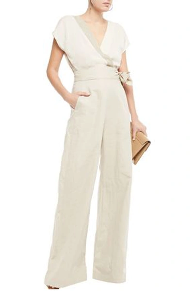 Brunello Cucinelli Embellished Twill-paneled Bow-detailed Stretch-silk Wide-leg Jumpsuit In Cream