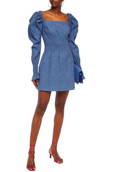 Anna Quan Shirred Stretch-jacquard Mini Dress In Blue