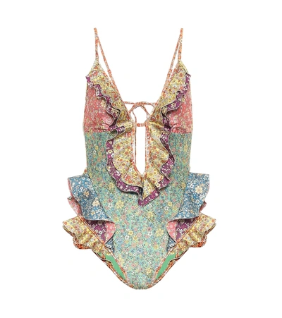 Zimmermann Carnaby Ruffled One Piece Swimsuit In Pink,green,yellow