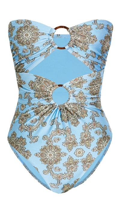 Zimmermann 'fiesta' Strapless Ring Colourblock Floral Print Swimsuit In Blue Paisley