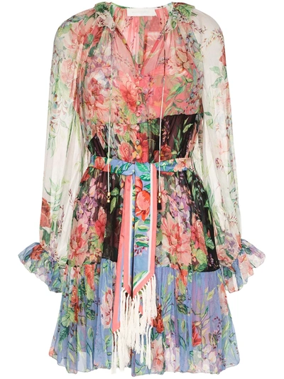 Zimmermann Bellitude Spliced Floral Print Silk Short Dress In Multi-colour