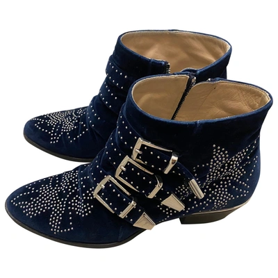 Pre-owned Chloé Susanna Velvet Cowboy Boots In Blue