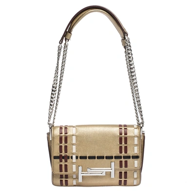 Pre-owned Tod's Gold Leather Mini Double T Shoulder Bag In Metallic