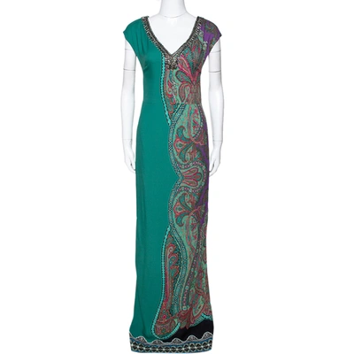 Pre-owned Etro Green Paisley Printed Stretch Crepe Bead Embellished Maxi Dress S