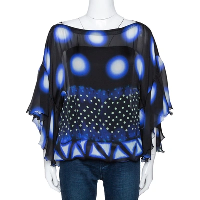 Pre-owned Roberto Cavalli Blue & Black Printed Silk Sheer Blouse S