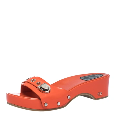 Pre-owned Dior Neon Orange Leather Buckle Detail Platform Slide Sandals Size 37.5