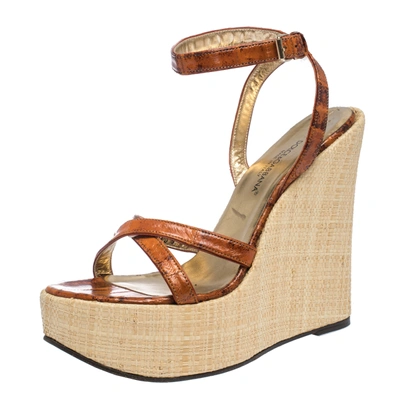 Pre-owned Dolce & Gabbana Tan/beige Leather Strappy Wedge Sandals Size 39