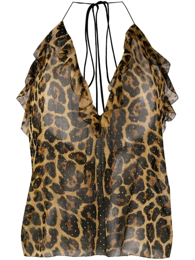 Saint Laurent Leopard Print Studded Top In Brown