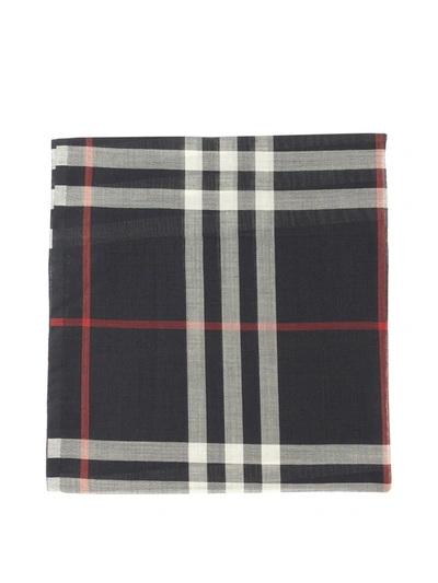 Burberry Check Print Wool And Silk Scarf In Dark Blue