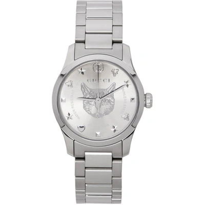 Gucci 27mm G-timeless Bracelet Watch W/ Feline Motif, Steel In Silver