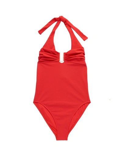 Melissa Odabash Tampa Embellished Stretch-piquè Halterneck Swimsuit In Red