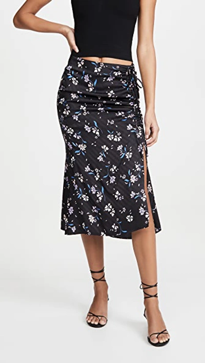 Veronica Beard Vanity Ruched Floral Print Silk Blend Skirt In Black Multi