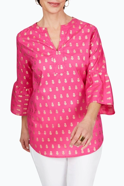 Foxcroft Reagan Cotton Foil Pineapples Top In Cabana Pink