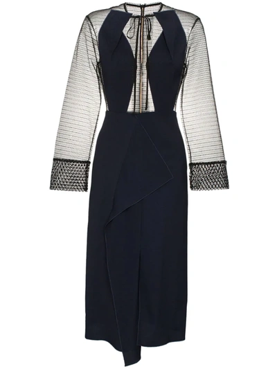 Roland Mouret Devens Lace-paneled Draped Piqué Midi Dress In Midnight Blue