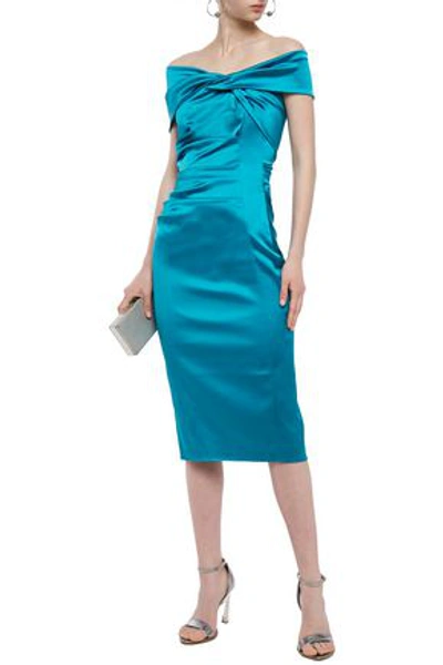 Talbot Runhof Off-the-shoulder Twisted Satin Midi Dress In Turquoise