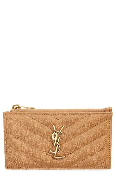 Saint Laurent Pebbled Leather Zip Card Case In Dune