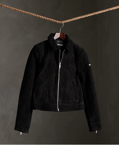 Superdry Cropped Suede Harrington Jacket In Black