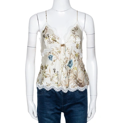 Pre-owned Roberto Cavalli Cream Floral Shimmer Print Silk Lace Trim Camisole L