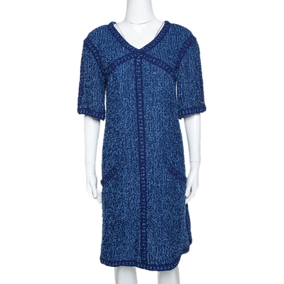 Pre-owned Chanel Blue Boucle Tweed Shift Dress L