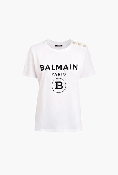 Balmain Logo Print Cotton T-shirt With Golden Buttons In White