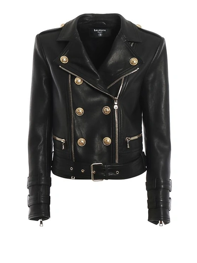 Balmain Gold-tone Button Leather Jacket In Black