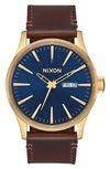 Nixon The Sentry Leather Strap Watch, 42mm In Brown/ Navy/ Gold