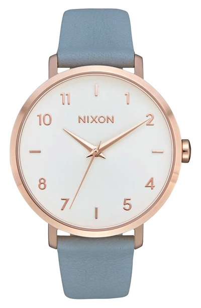 Nixon The Arrow Leather Strap Watch, 38mm In Blue/ White/ Rose Gold